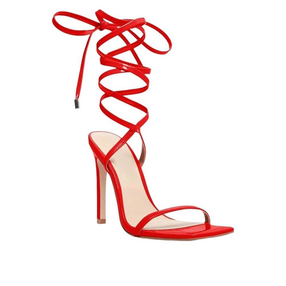 Ermonn Womens Strappy Lace Up Square Open Toe Stiletto Heeled Sandals Red‎ Sz 10